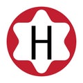 White letter H with a circle frame with a star motif. red