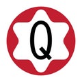 White letter Q with a circle frame with a star motif. red