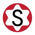 White letter S with a circle frame with a star motif. red