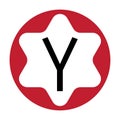 White letter Y with a circle frame with a star motif. red