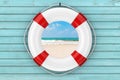 White Life Buoy on a Blue Wooden Plank Wall with Ocean or Sea Coast Beach View. 3d Rendering Royalty Free Stock Photo