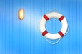 White lifebuoy on the blue wall and yellow lamp on ferry Royalty Free Stock Photo