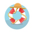White lifebuoy with red stripes and rope