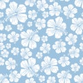 White on light blue random hibiscus flower seamless repeat pattern background Royalty Free Stock Photo