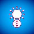 White Light bulb with dollar symbol icon isolated on blue background. Money making ideas. Fintech innovation concept Royalty Free Stock Photo