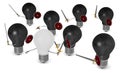 White light bulb fighting against many black ones with swords and shields Royalty Free Stock Photo