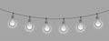 string of outdoor lights, white light bulb garland, black line isolated vector decoration, holiday lamps for wedding or