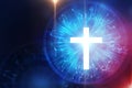 White light cross on sacred geometry element background