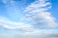 White light fluffy stratus and cirrus clouds high in the blue summer sky. Different cloud types and atmospheric phenomena Royalty Free Stock Photo