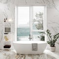 White and light marble bathroom interior with bathtub, window, and shelf with bath accessories, 3d rendering Royalty Free Stock Photo