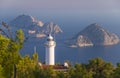 White lighthouse against blue sea background