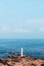 White lighthouse at Jogashima island, Miura, Japan. Blue sea ocean view