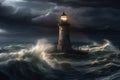 White Lighthouse in the middle of the ocean, big waves and storm around the lighthouse, dark clouds, lighthouse sunken by ocean Royalty Free Stock Photo