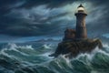 White Lighthouse in the middle of the ocean, big waves and storm around the lighthouse, dark clouds, lighthouse sunken by ocean Royalty Free Stock Photo