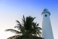 White lighthouse and palms tree with blue clean sky in Galle Fort, Sri Lanka. Beautiful background. Royalty Free Stock Photo