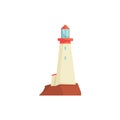 White lighthouse, searchlight tower for maritime navigation guidance vector Illustration