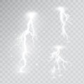 White lightnings set isolated on transparent background. Thunder storm collection design elements. Magic shining light