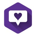 White Like and heart icon isolated with long shadow. Counter Notification Icon. Follower Insta. Purple hexagon button