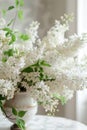 White lilac flowers in glass vase on light grey background Royalty Free Stock Photo