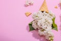 White lilac flowers in waffle ice cream cones on pink background. Flat lay Royalty Free Stock Photo