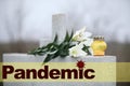 White lilies and candle on grey granite tombstone outdoors. Outbreak of pandemic disease