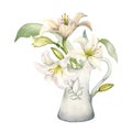 White lilies in ceramic jug watercolor isolated. White flower botanical Illustration in pitcher drawn. Lily bunch