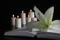 White lily, book and  burning candles on table in darkness, closeup with space for text. Funeral symbol Royalty Free Stock Photo