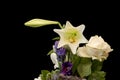 Lily and bud, lisianthus, rose, hortensia bouquet macro on black background Royalty Free Stock Photo