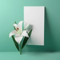 White lily flower and blank paper sheet on green background. 3d render