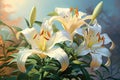 White lily flowers on the background of the summer landscape illustration. Beautiful botanic lily flower oil paint illustration,