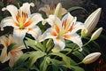 White lily flowers in the garden. Illustration for postcards, Beautiful botanic lily flower oil paint illustration, AI Generated Royalty Free Stock Photo