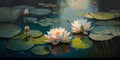 White lily oil painting beautiful scenery quit pond. Nature landscape blooming lake flowers water sunny summer weather Royalty Free Stock Photo