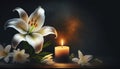 white lily with white rose candle with black background