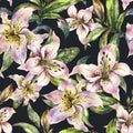 White Lily Seamless Pattern, Watercolor Royal Lilies Flowers, Vintage Floral Texture