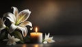 white lily with white rose candle with black background