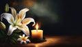 white lily with white rose candle with black background