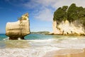 White limestone rock formations and fine sandy beach at Cathedral Cove on the Coromandel Peninsula in New Zealand. Royalty Free Stock Photo