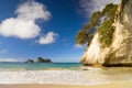 White limestone rock formations and fine sandy beach at Cathedral Cove on the Coromandel Peninsula in New Zealand, North Island Royalty Free Stock Photo