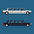 White limo and black limousine. Flat vector illustration. Isolate. Luxary vehicle. Side view Royalty Free Stock Photo