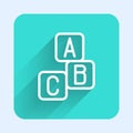 White line ABC blocks icon isolated with long shadow. Alphabet cubes with letters A,B,C. Green square button. Vector Royalty Free Stock Photo