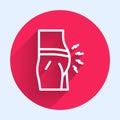 White line Abdominal bloating icon isolated with long shadow. Constipation or diarrhea. Red circle button. Vector