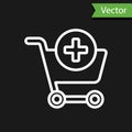 White line Add to Shopping cart icon isolated on black background. Online buying concept. Delivery service sign Royalty Free Stock Photo