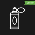 White line Aftershave bottle with atomizer icon isolated on black background. Cologne spray icon. Male perfume bottle Royalty Free Stock Photo