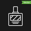 White line Aftershave icon isolated on black background. Cologne spray icon. Male perfume bottle. Vector Illustration. Royalty Free Stock Photo