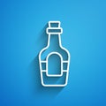White line Alcohol drink Rum bottle icon isolated on blue background. Long shadow. Vector