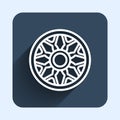 White line Alloy wheel for car icon isolated with long shadow background. Blue square button. Vector Royalty Free Stock Photo