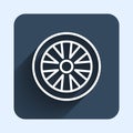 White line Alloy wheel for car icon isolated with long shadow background. Blue square button. Vector Royalty Free Stock Photo