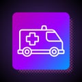 White line Ambulance and emergency car icon isolated on black background. Ambulance vehicle medical evacuation. Square