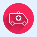 White line Ambulance and emergency car icon isolated with long shadow. Ambulance vehicle medical evacuation. Red circle Royalty Free Stock Photo