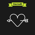 White line Amour symbol with heart and arrow icon isolated on black background. Love sign. Valentines symbol. Vector